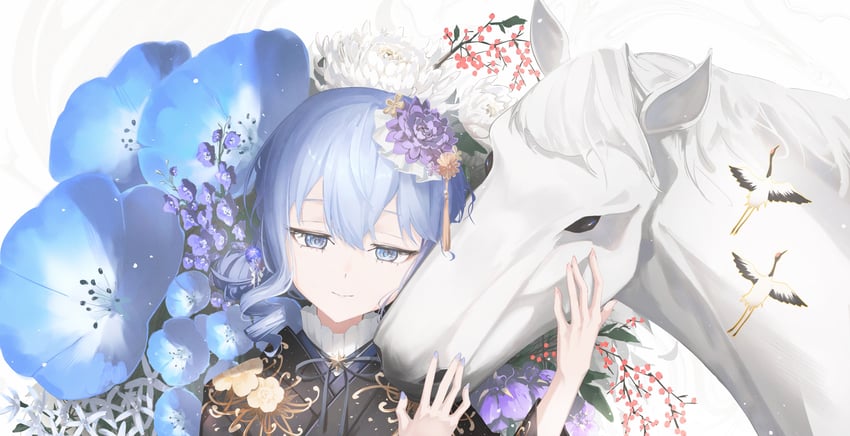 Hololive、星街彗星 1名女孩 鸟 黑色和服 黑色丝带 蓝眼