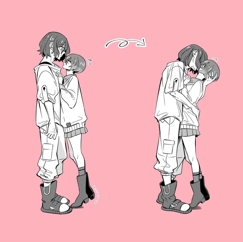 高达、高达、天手柚里华 1名男孩 1名女孩 脸红 闭眼 情侣