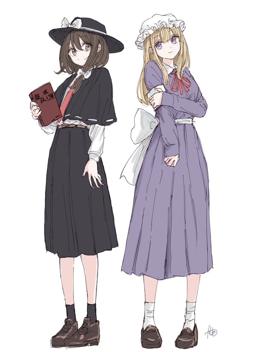 东方Project、玛艾露贝莉·赫恩、宇佐见莲子 2名女孩 后背蝴蝶结 腰带 黑色小披肩 黑色裙子