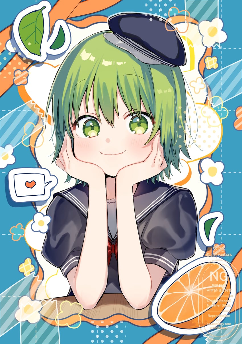 原创 1名女孩 黑帽子 黑衬衫 蓝色背景 脸红