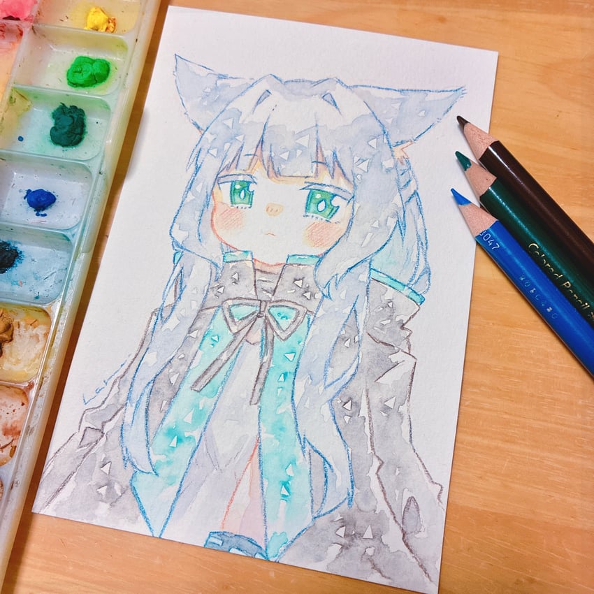 明日方舟、迷迭香 (明日方舟) 1名女孩 兽耳 画面内含画具 脸红 猫耳