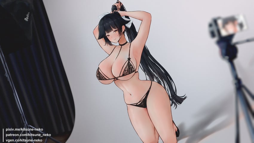 碧蓝航线、高雄(碧蓝航线) 1名女孩 腋下 举起双手 露肩 黑色文胸