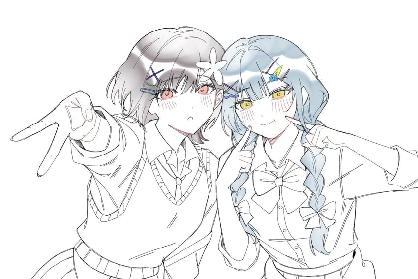 BanG Dream!、Bang Dream! It's MyGO!!!!!、高松灯 2名女孩 蓝发 脸红 蝴蝶结 蝶形领结