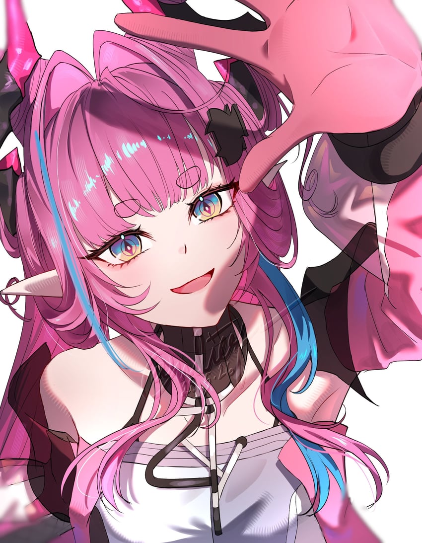 明日方舟、明日方舟：终末地、依冯娜 (明日方舟) 1名女孩 露肩 黑角 蓝眼 蓝色挑染