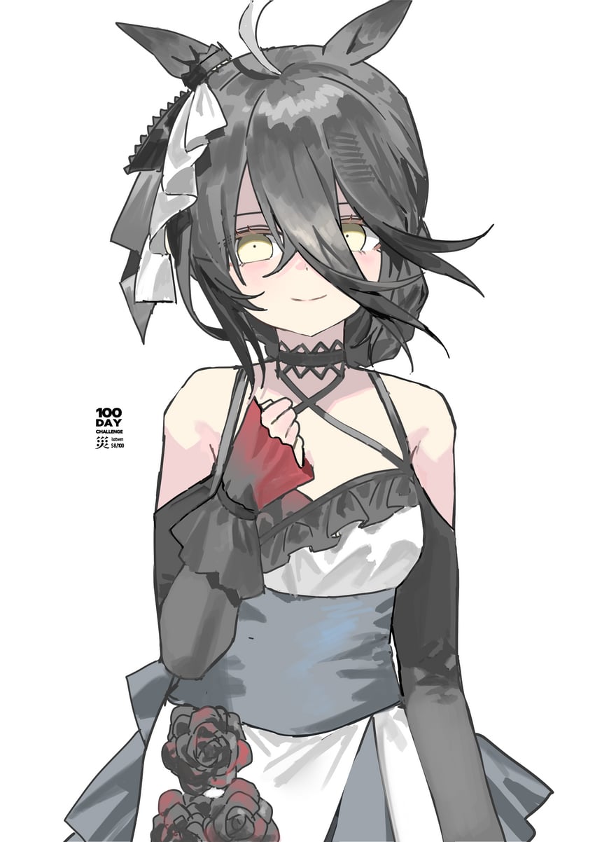 赛马娘、曼城茶座 (Mysterious Rose) (赛马娘)、曼城茶座 (赛马娘) 1名女孩 兽耳 露肩 黑花 黑发