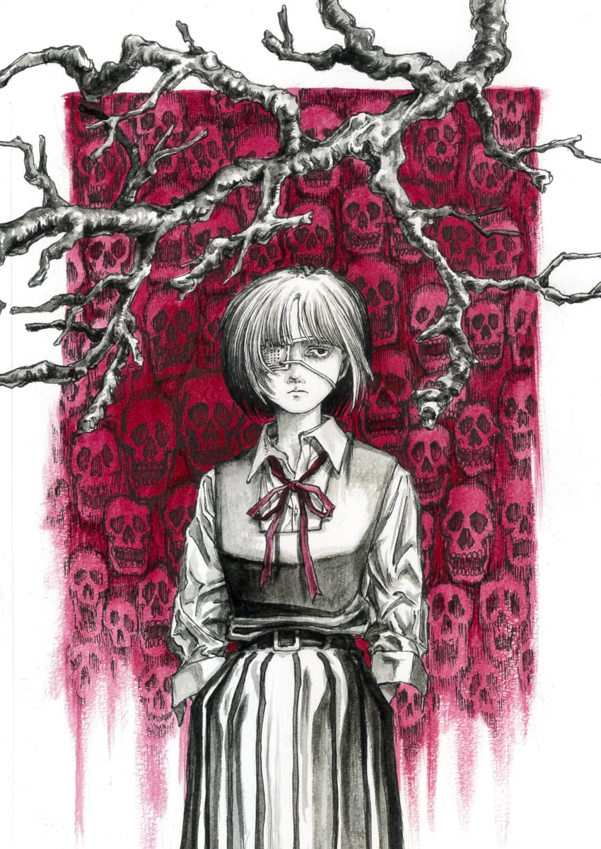 原创 1名女孩 枯树 腰带 黑色皮带 黑色连衣裙