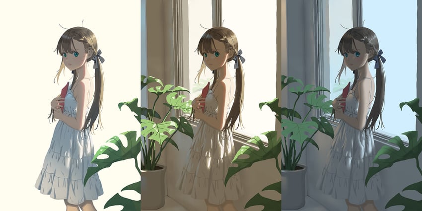 原创 1名女孩 蓝眼 书 蝴蝶结 连衣裙