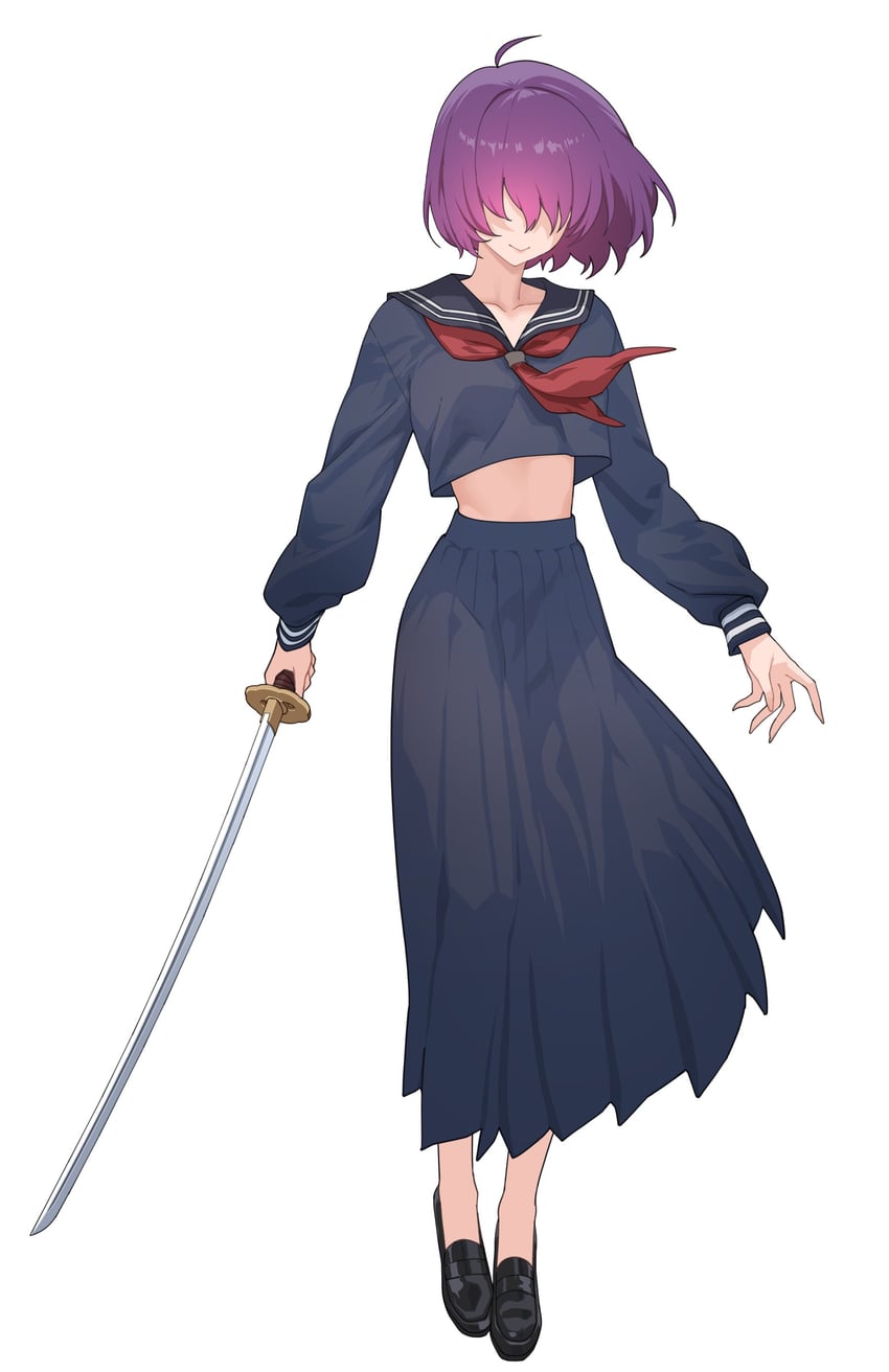原创 1名女孩 呆毛 腹部 黑色水手领 黑鞋