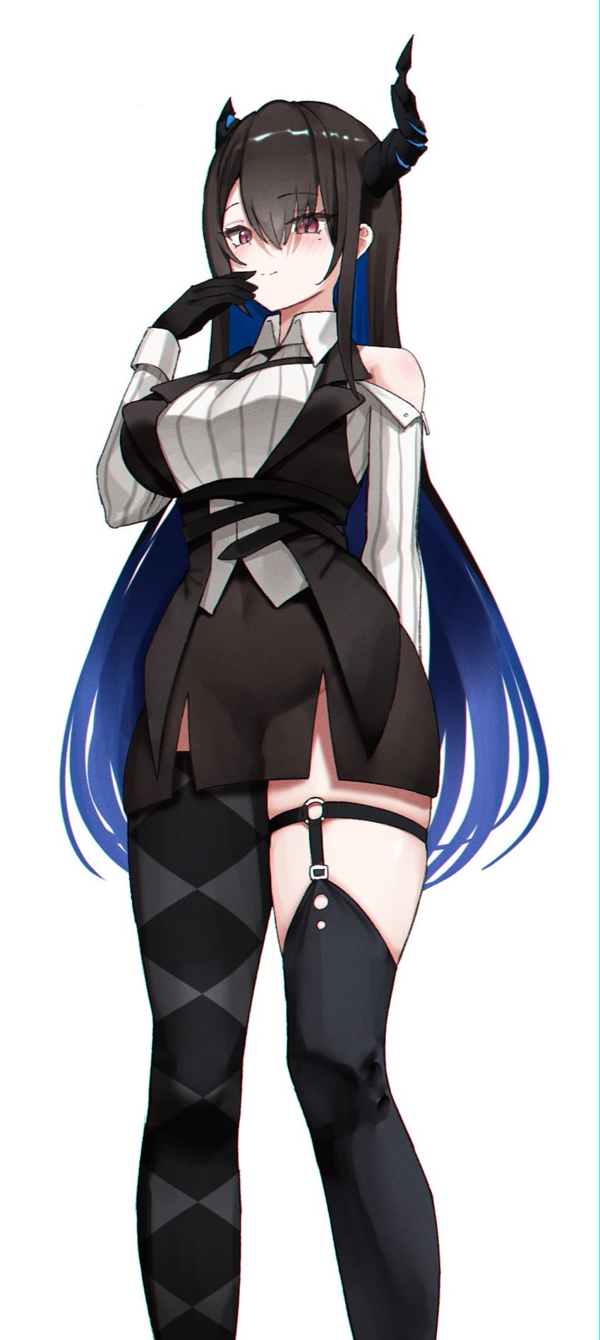 Hololive、Hololive英语、涅莉莎·雷文克劳夫特 1名女孩 菱格纹衣服 菱格过膝袜 不对称角 不对称腿部穿着