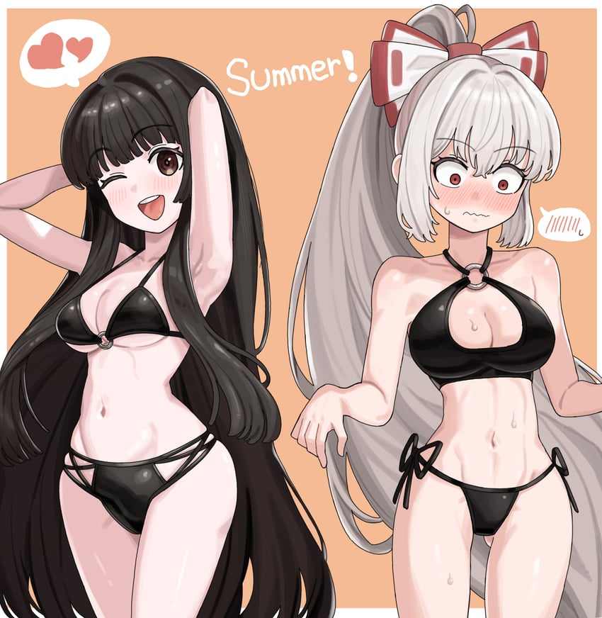 东方Project、藤原妹红、蓬莱山辉夜 2名女孩 :D 微笑 腹肌 替换服装