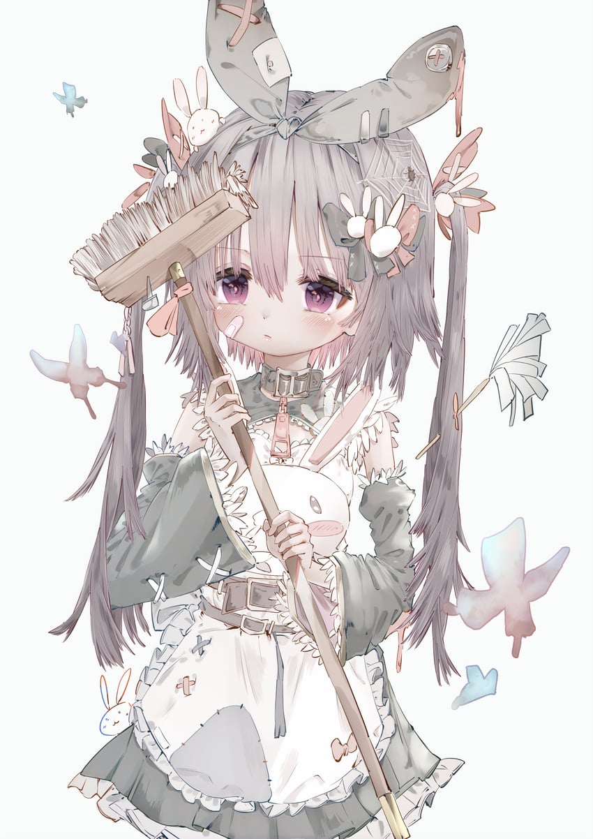 原创 1名女孩 创可贴 脸上的创可贴 扫帚 棕发