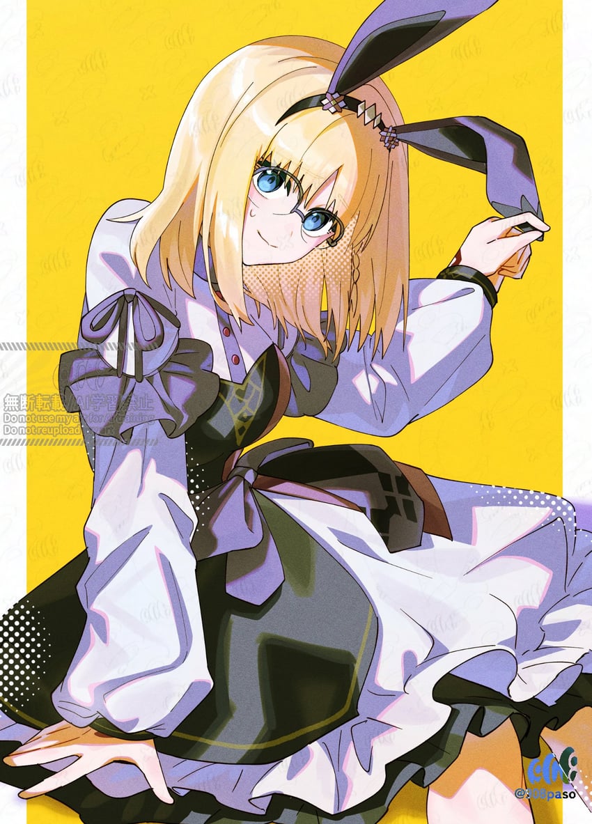 Fate/strange Fake、Fate系列、沙条爱歌 (命运/奇异赝品) 1名女孩 兽耳 手臂支撑 黑框眼镜 黑色连衣裙
