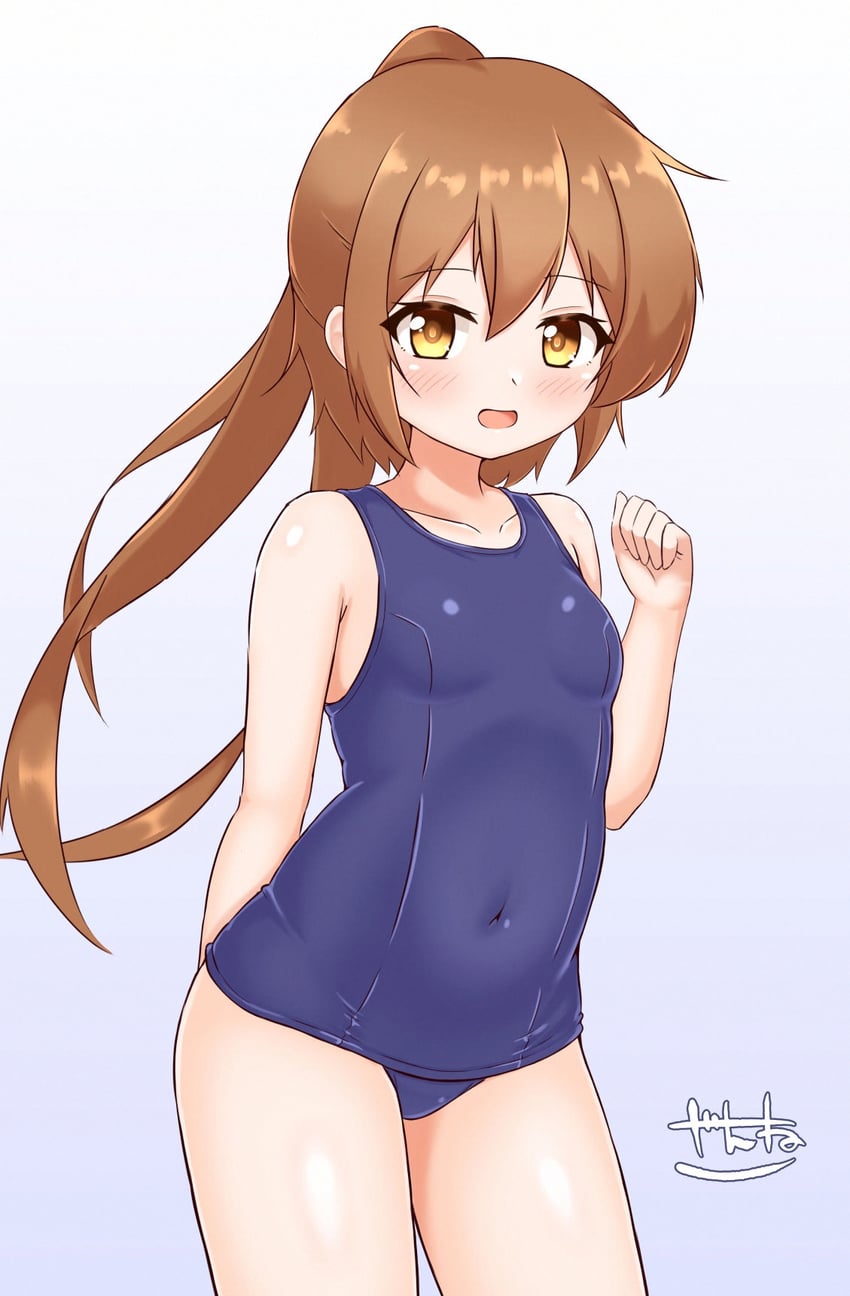 舰队Collection、文月 (舰队Collection) 1名女孩 作者标志 蓝色连体泳衣 乳房 棕眼睛