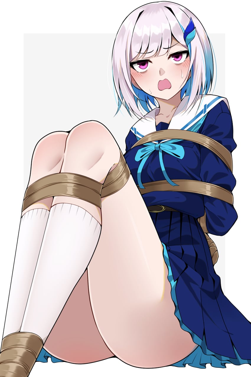 彩虹社、莉泽·赫露艾斯塔、莉泽·赫露艾斯塔 (校服) 1名女孩 双手背在身后 腰带 蓝发 蓝裙子