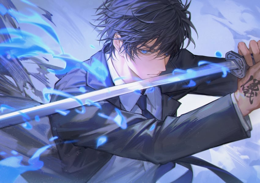 原创 1名男孩 举起双手 黑发 黑色夹克 黑色西装