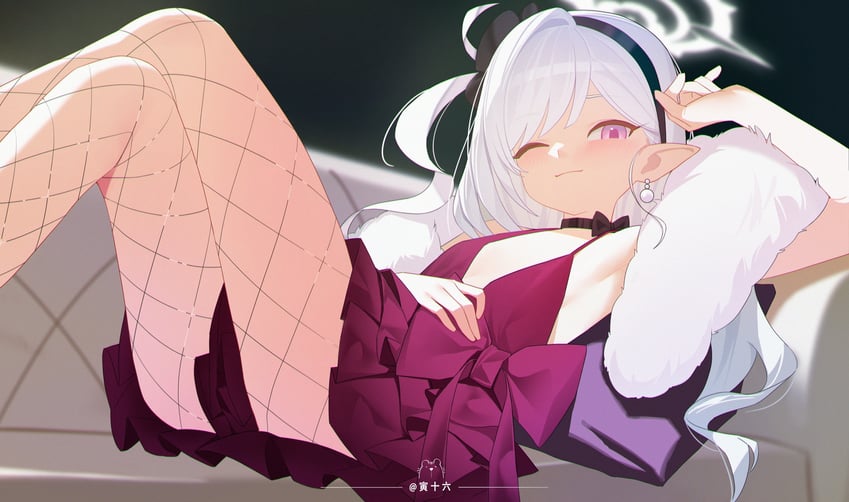 蔚蓝档案、睦月 (蔚蓝档案)、浅黄睦月 (礼服) (蔚蓝档案) 1名女孩 举手 腋下 作者名 黑色发带
