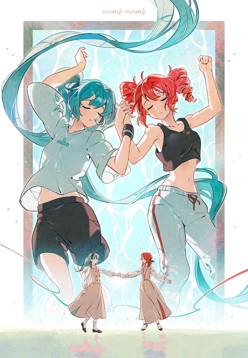 numb numb (vocaloid)、UTAU、VOCALOID 2名女孩 黑色背心 蓝发 棕色连衣裙 闭眼