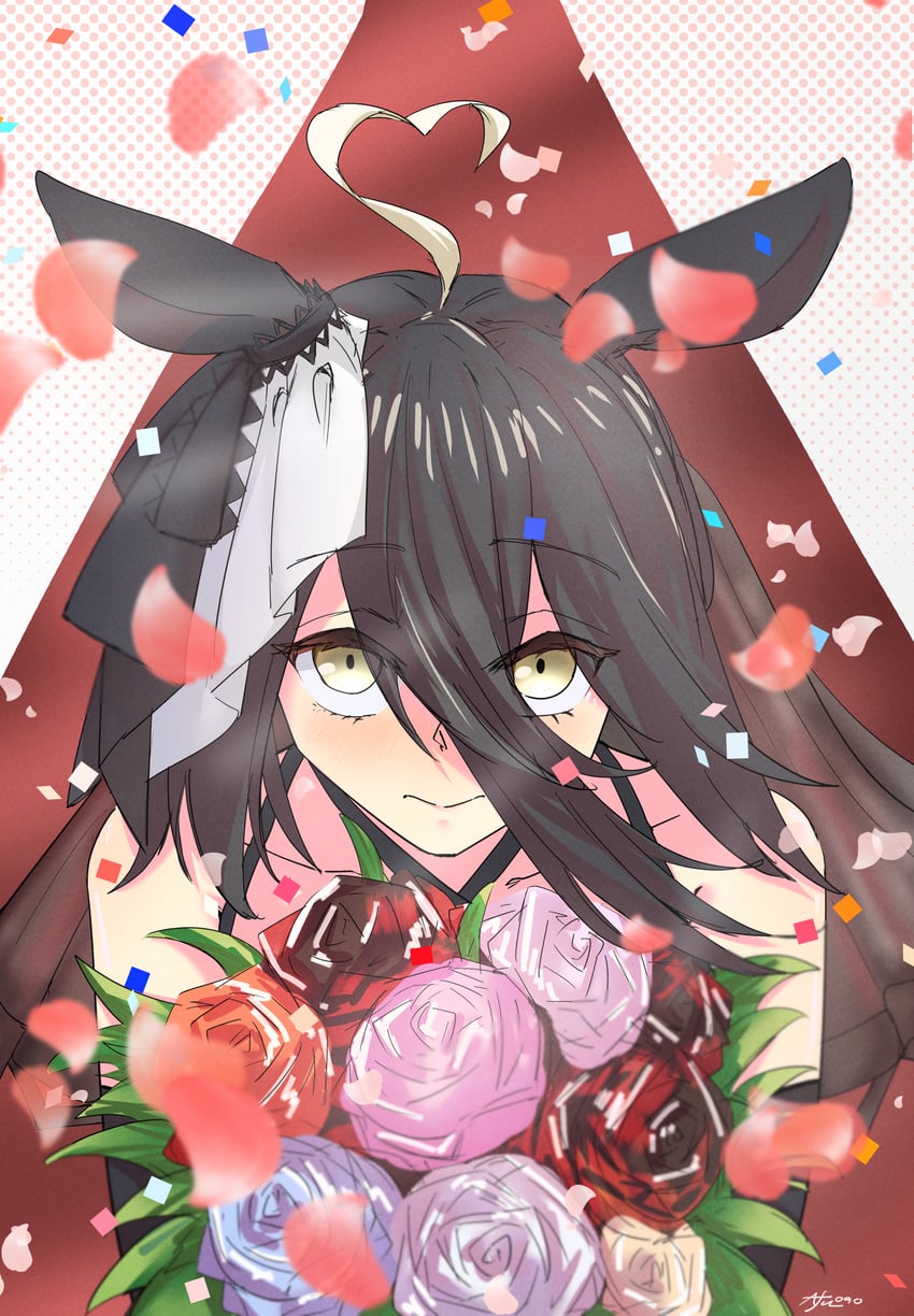 赛马娘、曼城茶座 (Mysterious Rose) (赛马娘)、曼城茶座 (赛马娘) 1名女孩 呆毛 兽耳 黑色丝带 花束