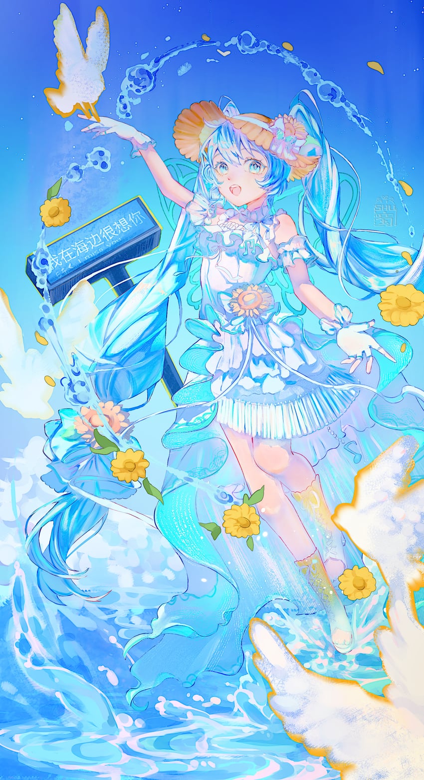 魔法未来(Vocaloid)、VOCALOID、初音未来 1名女孩 水色瞳 水色发 水蓝色指甲 露肩