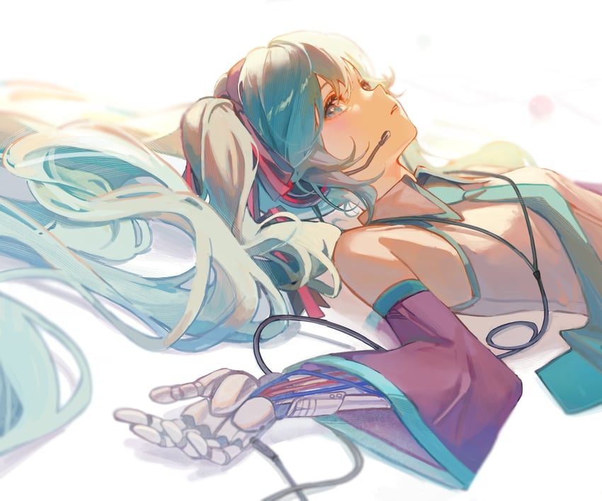 VOCALOID、初音未来 1名女孩 水色瞳 水色发 水蓝色领带 水蓝色饰边