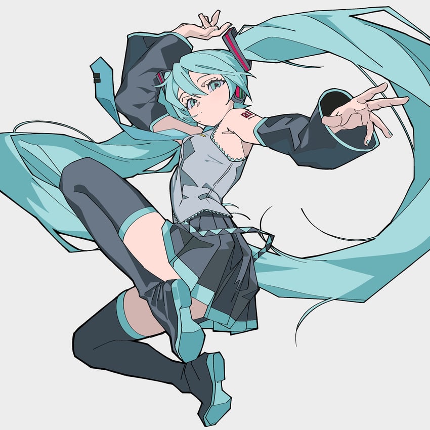 VOCALOID、初音未来 1名女孩 水色瞳 水色发 水蓝色指甲 水蓝色领带
