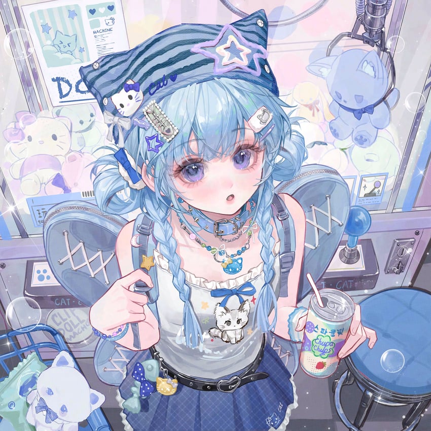 Hello Kitty、原创、三丽鸥 1名女孩 惊讶 吧台椅 露肩 腰带