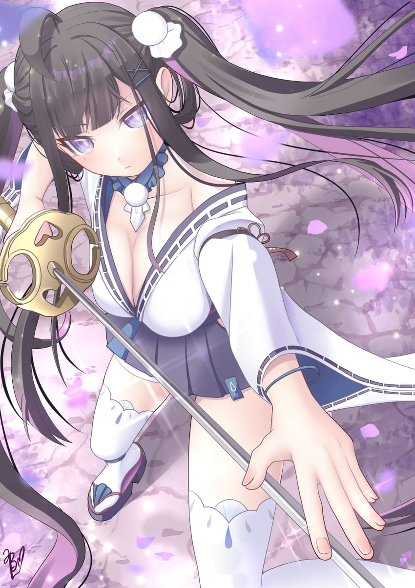 史黛拉·索拉、千岁 (Stella Sora)、千岁 (牵牛花开之时，她睁开了双眼) (星空列车与白之唯物传) 1名女孩 呆毛 露肩 黑发 蓝裙子