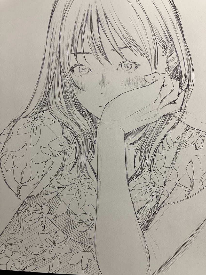 原创 1名女孩 手臂放在侧边 脸红 碎刘海 闭嘴