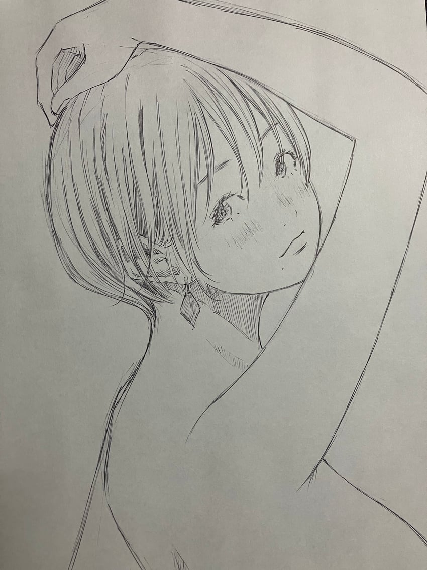 原创 1名女孩 举手 锅盖头 碎刘海 耳环