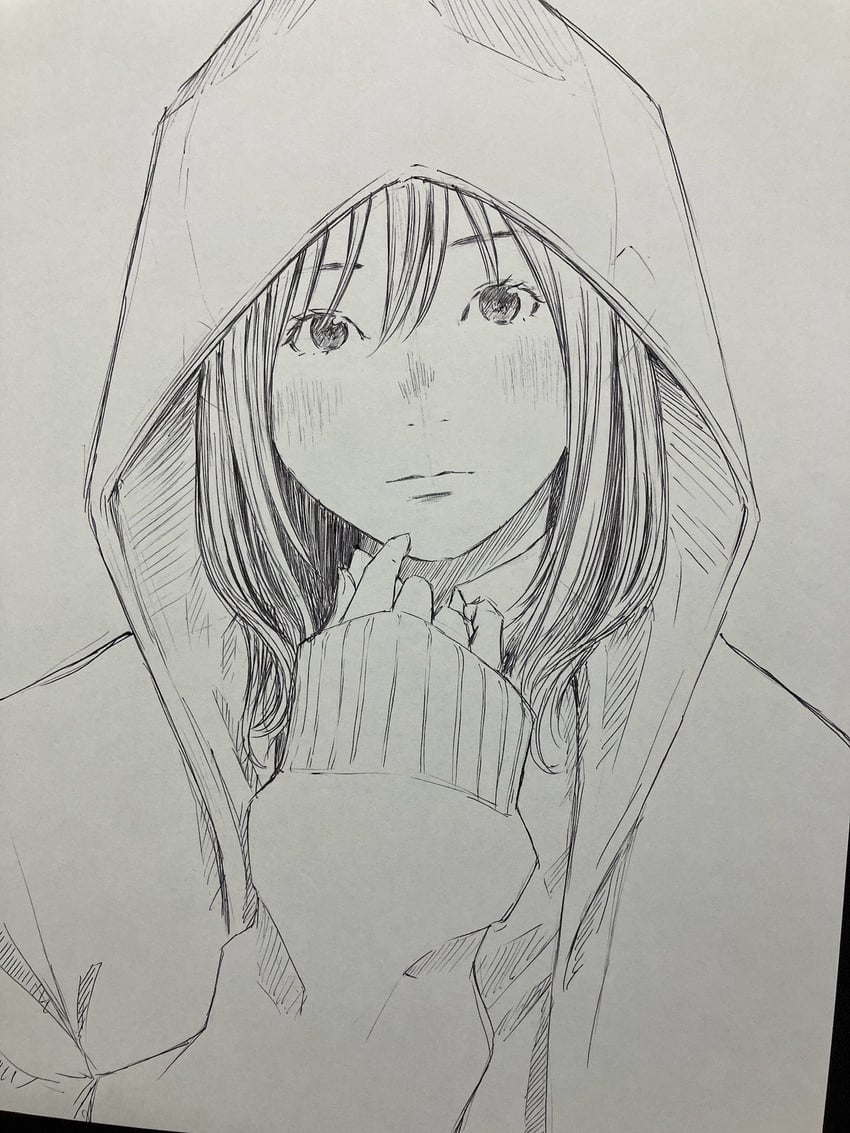 原创 1名女孩 灰度 举手 兜帽 戴着兜帽