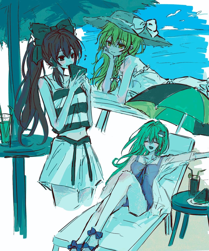 东方Project、博丽灵梦、雾雨魔理沙 3人女子 :D 海滩 沙滩伞 金发