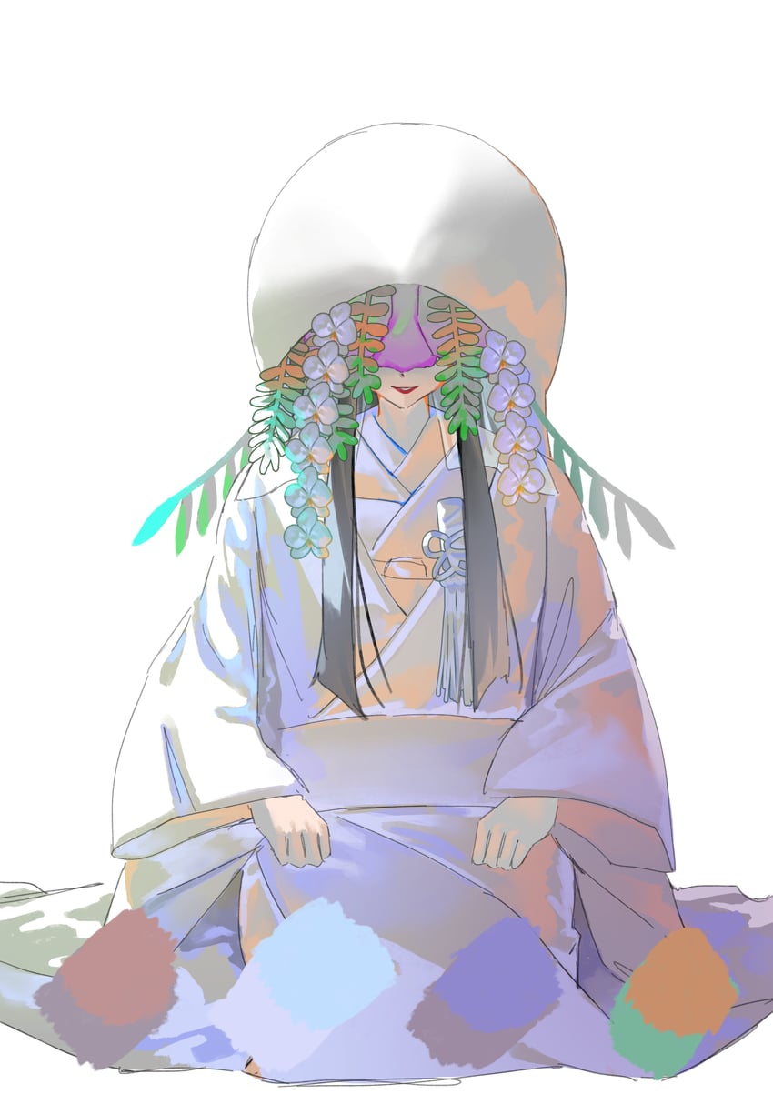 东方Project、黄泉比良坂 1名女孩 黑发 蒙眼/遮眼 花 日式服装