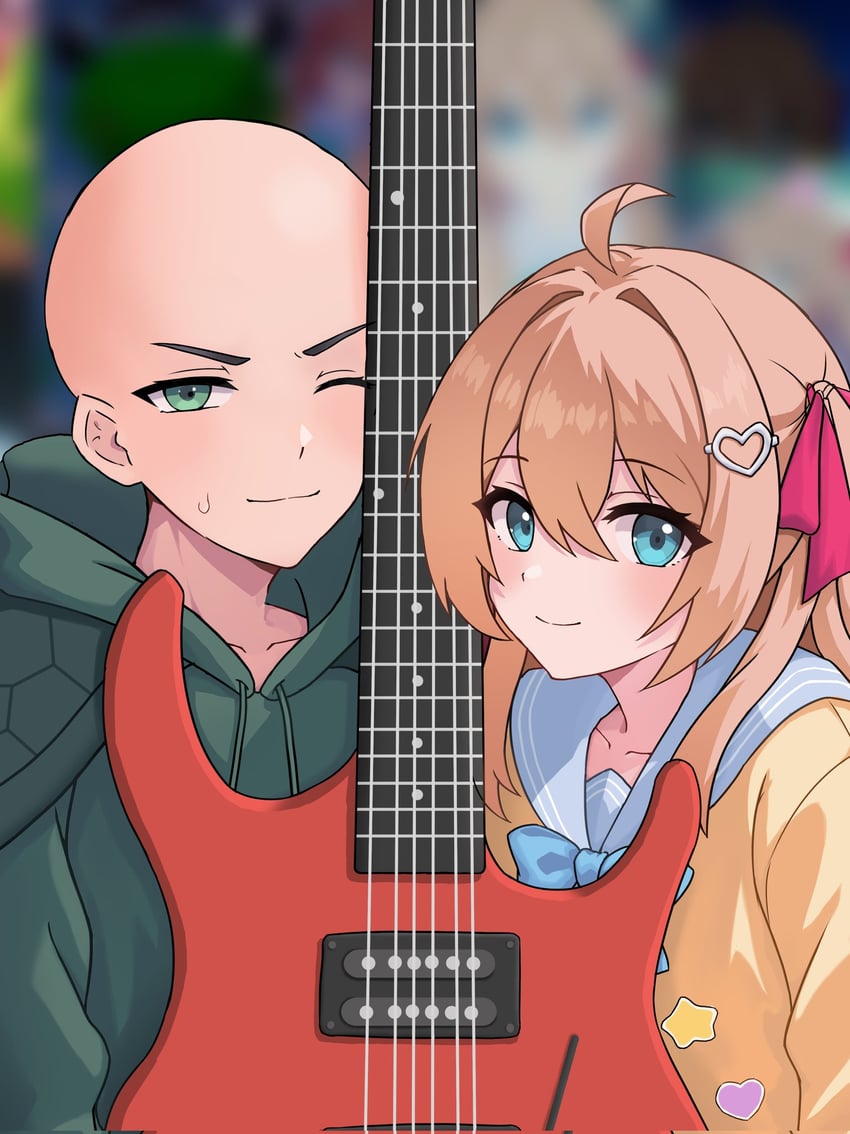 Vedal AI、Neuro-sama、Neuro-sama (第一套服装) 1名男孩 1名女孩 呆毛 秃头 蓝色蝴蝶结