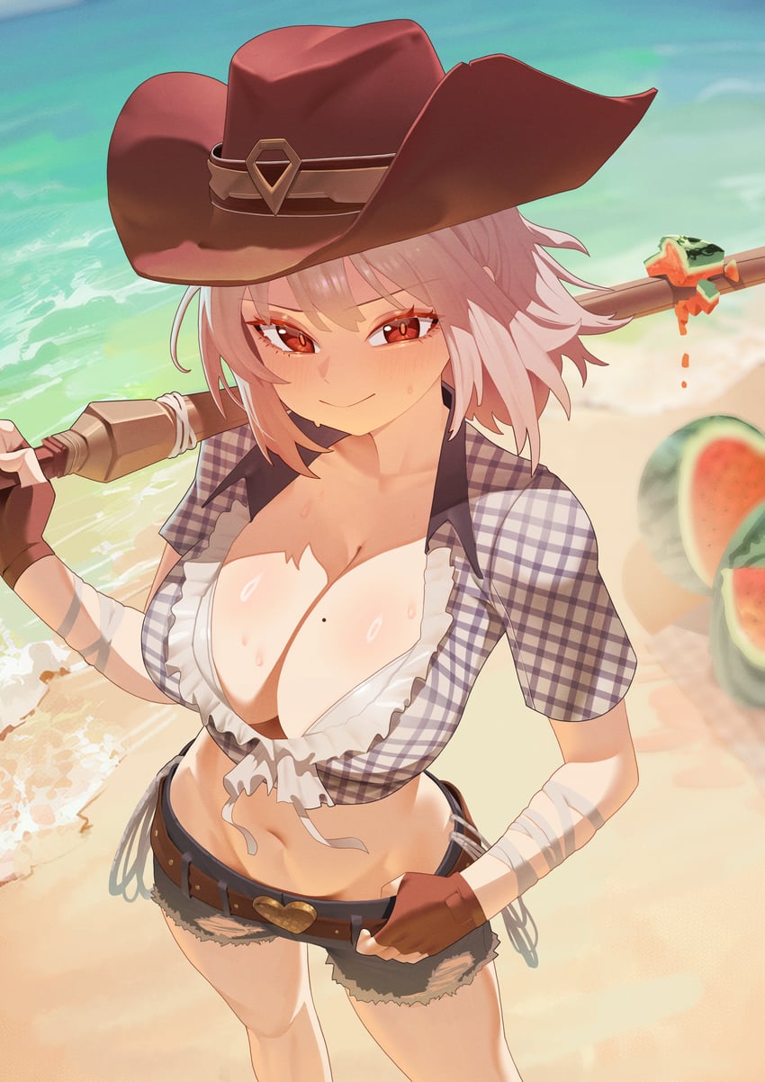 原创 1名女孩 海滩 腰带 黑色短裤 脸红