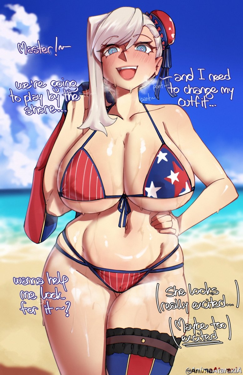 Fate/Grand Order、Fate系列、宫本武藏 (Fate) 1名女孩 美国国旗 星条旗比基尼 美国国旗印花 不对称发型