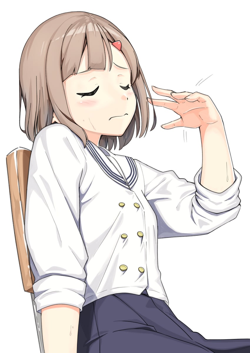 原创 1名女孩 蓝裙子 齐刘海 脸红 波波头
