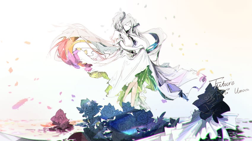 VOCALOID、初音未来 1名女孩 闭眼 闭嘴 连衣裙 落花
