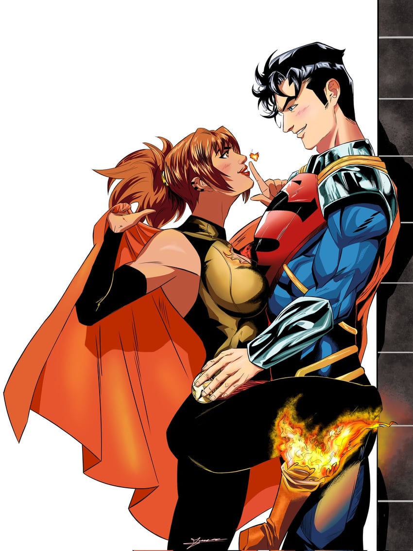 DC漫画、超人系列、至尊超人 1名男孩 1名女孩 黑发 紧身连体衣 斗篷