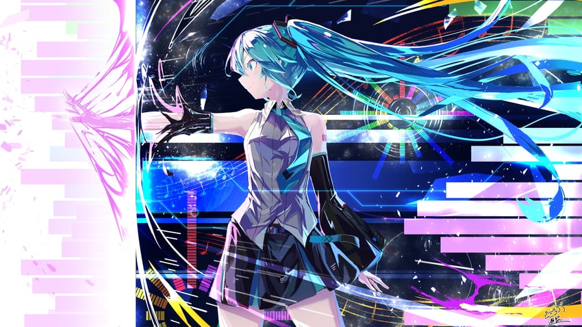 VOCALOID、初音未来、初音未来 (Vocaloid6) 1名女孩 水色瞳 水色发 水蓝色领带 黑色裙子