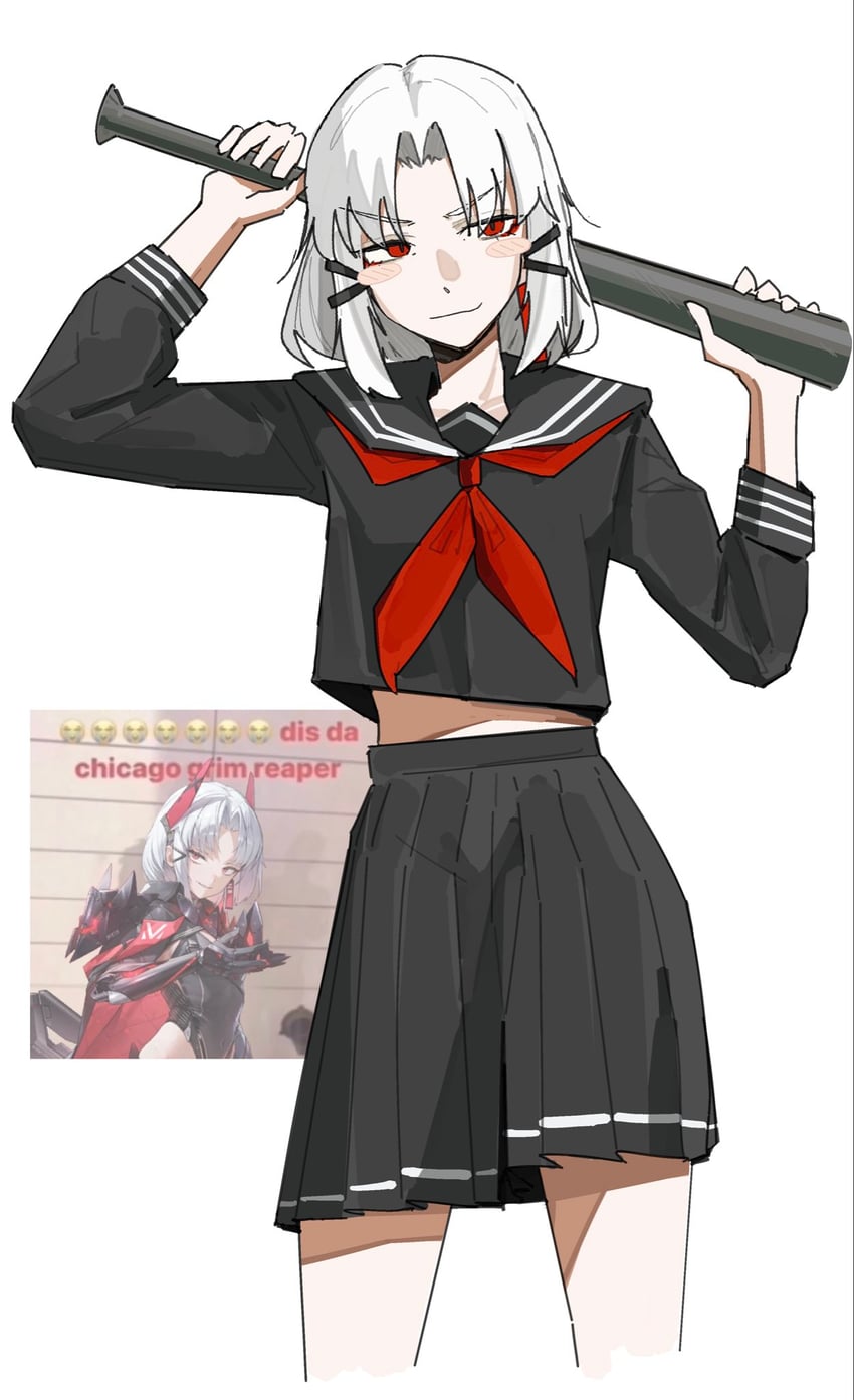 胜利女神：妮姬、德雷克 1名女孩 举手 棒球棒 黑色水手领 黑色水手服