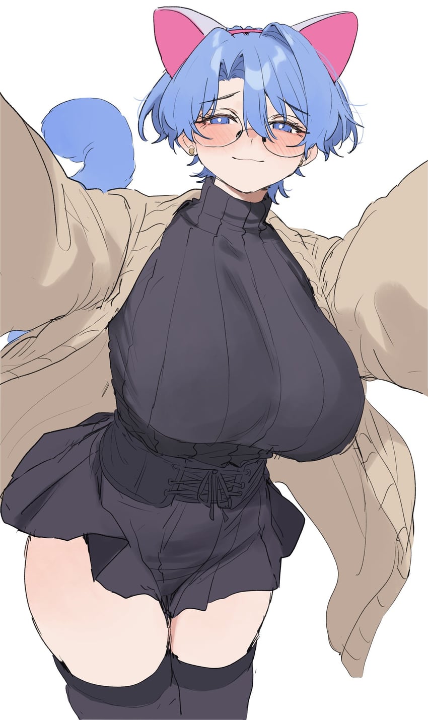 原创、蕾欧娜 (aochoku) 兽耳 黑色连衣裙 黑色过膝袜 蓝眼 蓝发