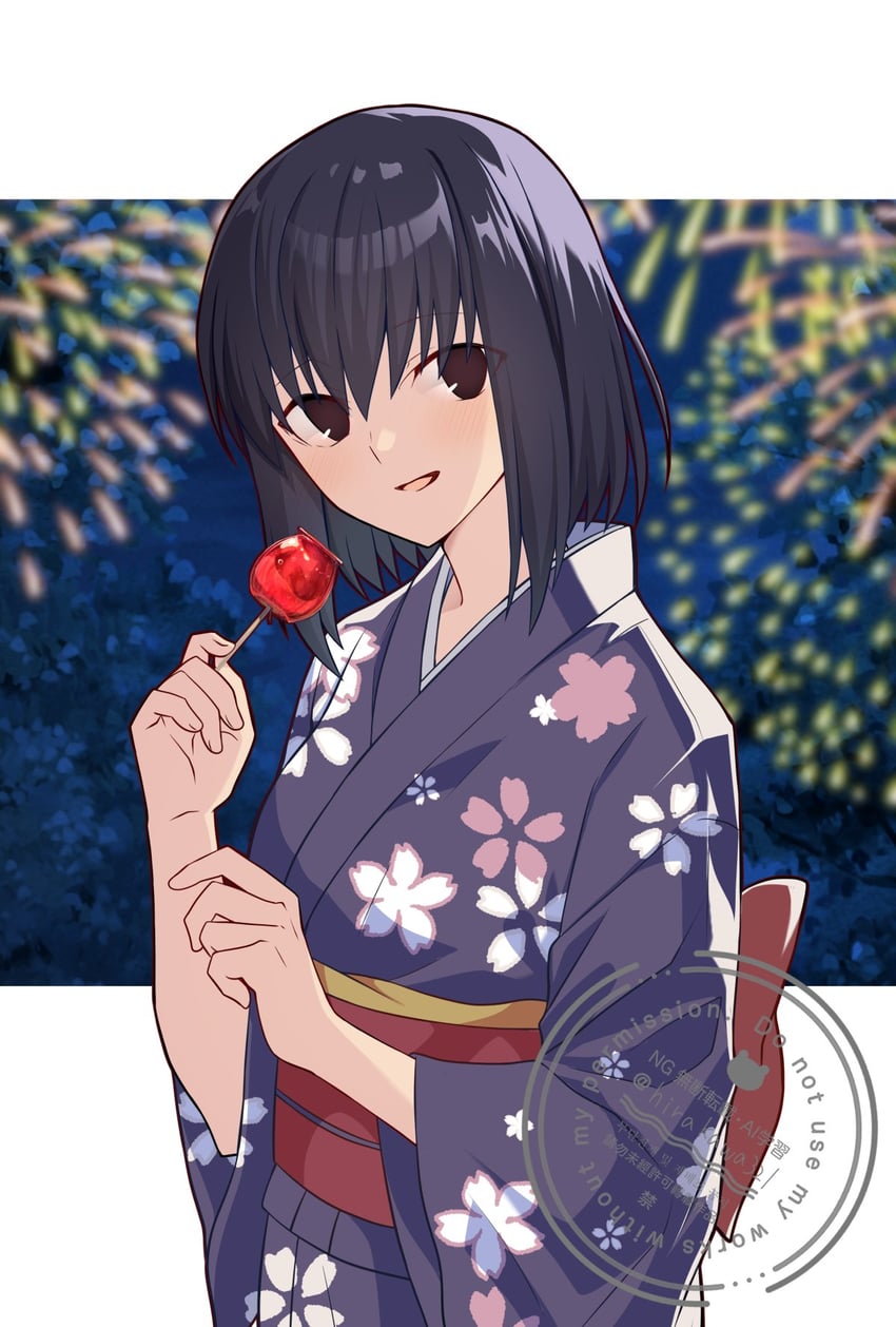 魔法使之夜、久远寺有珠 1名女孩 黑瞳 黑发 蓝色和服 日式服装