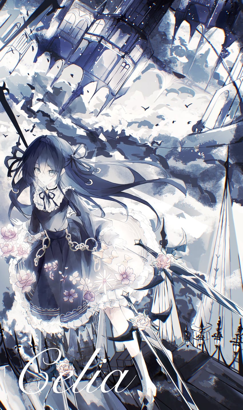 韵律源点 Arcaea、对立 (Arcaea)、对立（Axium）（音弧） 1名女孩 围兜领 黑色连衣裙 黑发 黑色丝带