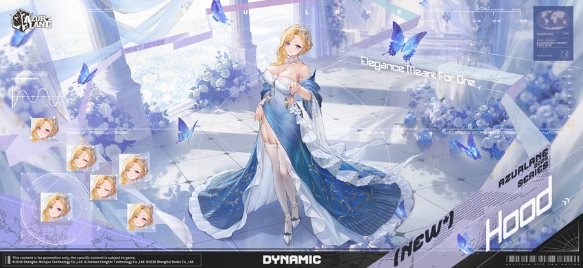 碧蓝航线、胡德 (碧蓝航线)、hood (elegance meant for one) (azur lane) 1名女孩 金发 蓝色连衣裙 蓝眼 乳房