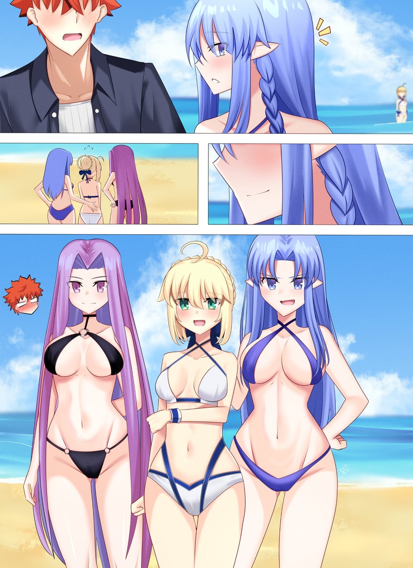 Fate/Grand Order、Fate/stay night、Fate系列 1名男孩 3人女子 阿尔托莉雅·Caster（命运/冠位指定）（Cosplay） 海滩 比基尼