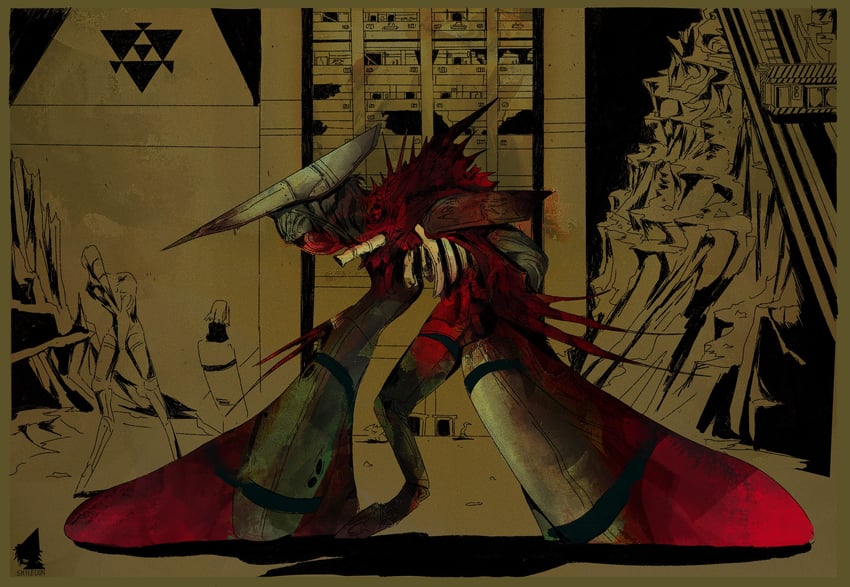 信号 (游戏)、corrupted ara (signalis)、腐化鹳 (信号) 2名女孩 作者名 血 边框 露出的骨头