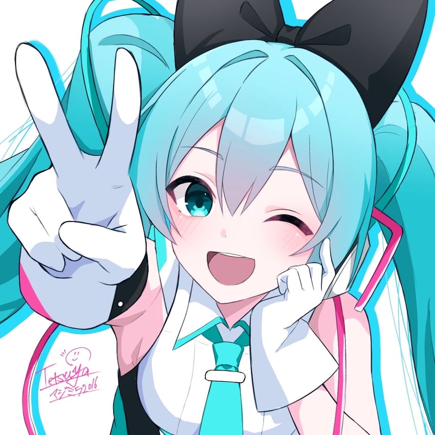 魔法未来(Vocaloid)、VOCALOID、初音未来 1名女孩 水色瞳 水色发 黑色蝴蝶结 脸红