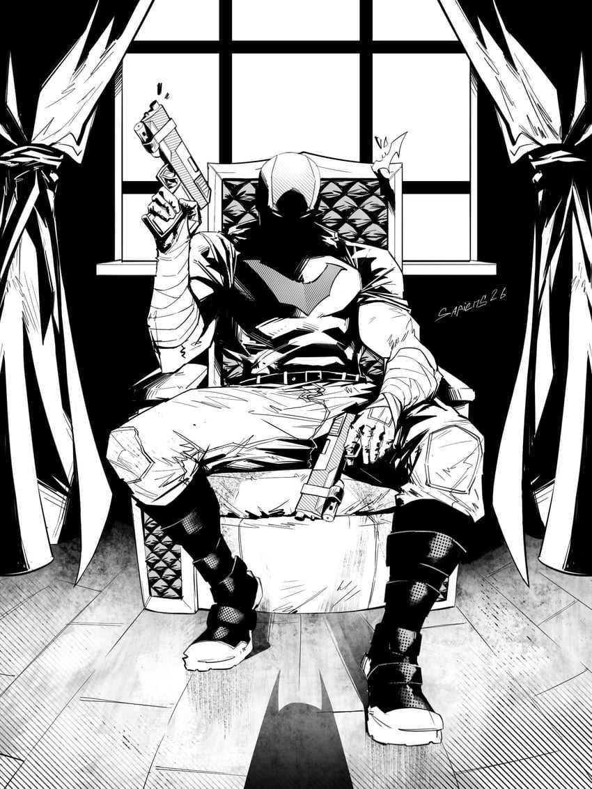 蝙蝠侠系列、DC漫画、红头罩与法外者 蝙蝠侠标志 腰带 黑色连体衣 黑色手套 紧身连体衣