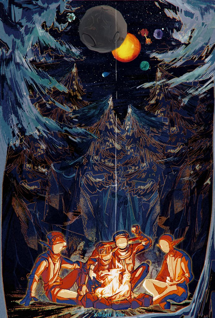 星际拓荒、gossan (outer wilds)、雏鸟 (星际拓荒) 4人以上 外星人 黑色天空 营火 火