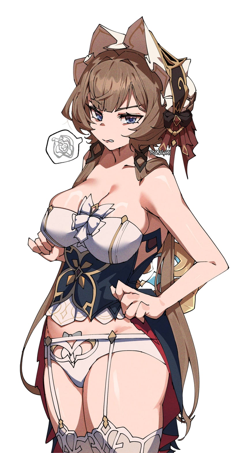 原神、木偶 (原神) 1名女孩 黑色连衣裙 蓝眼 乳房 棕发